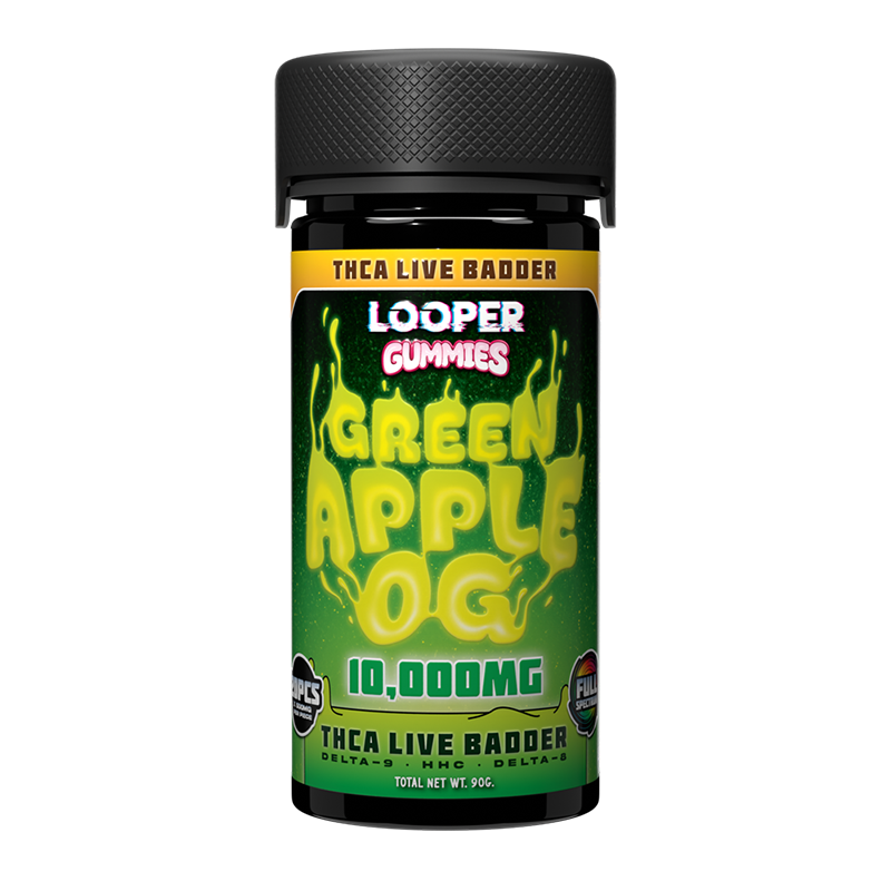 Green Apple OG Looper THCA Live Badder Gummies – 10,000mg – A crisp green apple-infused gummy packed with 500mg of THCA, Delta-9, HHC & Delta-8 per piece.