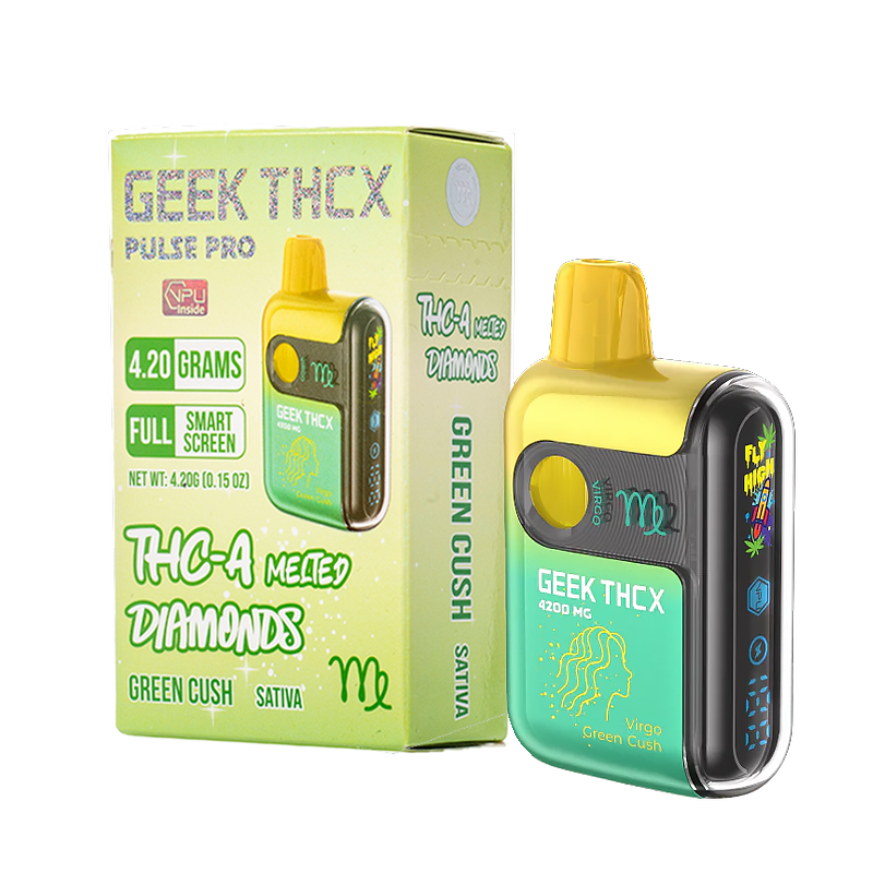 Green Cush (Virgo) Geek THCX Pulse Pro – Sativa – Uplifting Sativa vape with citrusy, energetic flavors, infused with 4.2g of THCA Melted Diamonds.