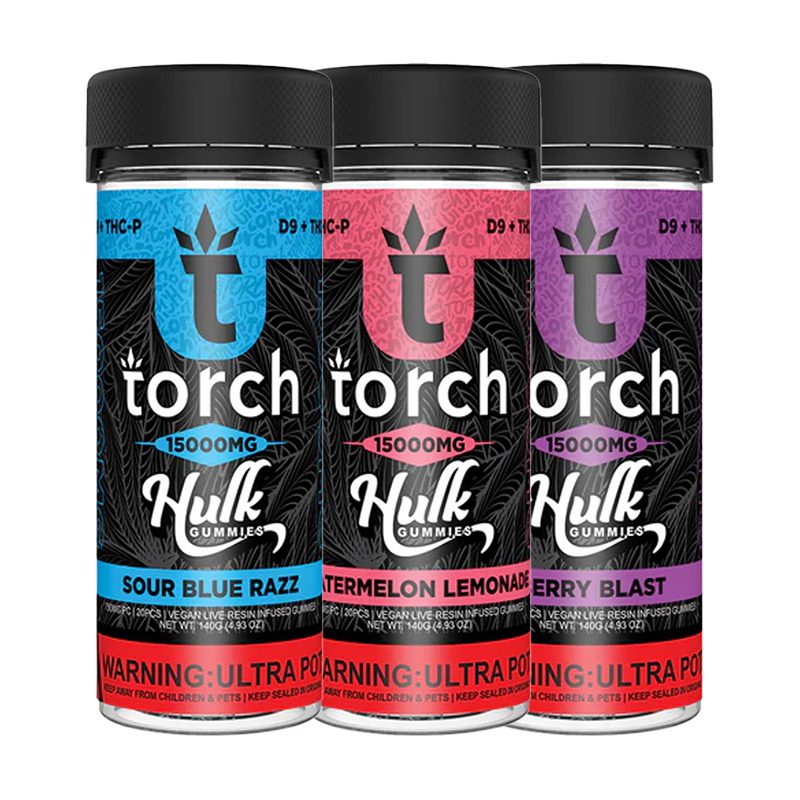 Torch Hulk Gummies Variety Pack – A collection of six flavorful high-potency gummies, each infused with 750mg Delta-9 & THC-P, totaling 15,000mg per jar.