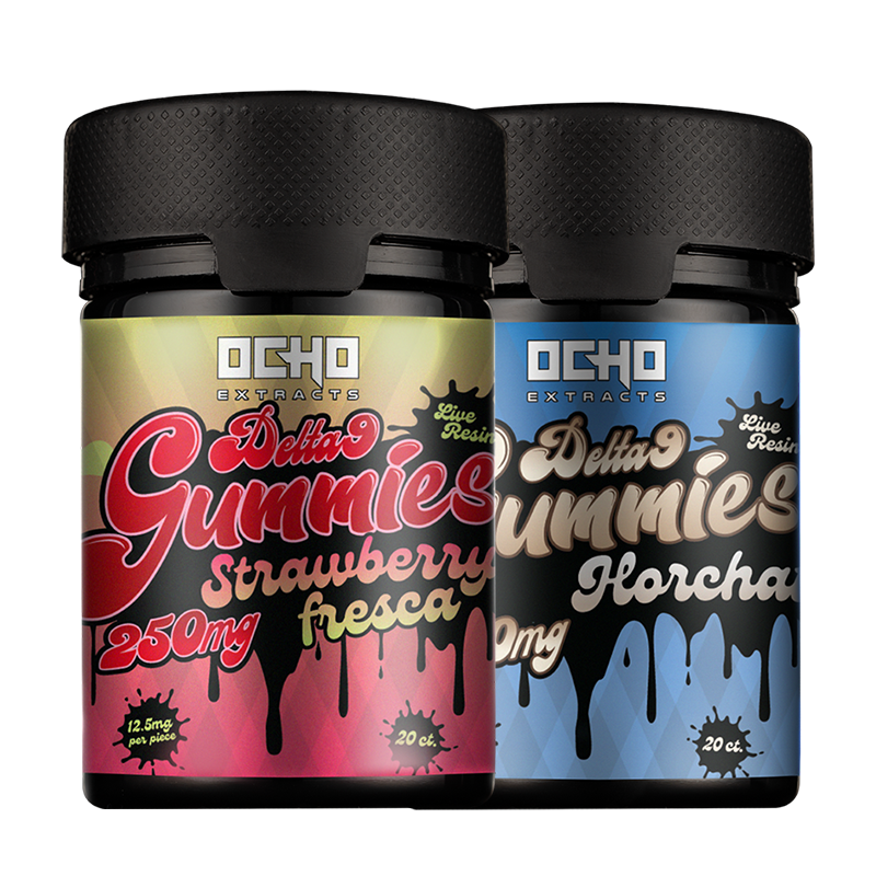 Ocho Extracts Delta-9 Gummies in Horchata, Jamaica, and Strawberry Fresca flavors, highlighting their vegan, full-spectrum hemp formulation for quality.