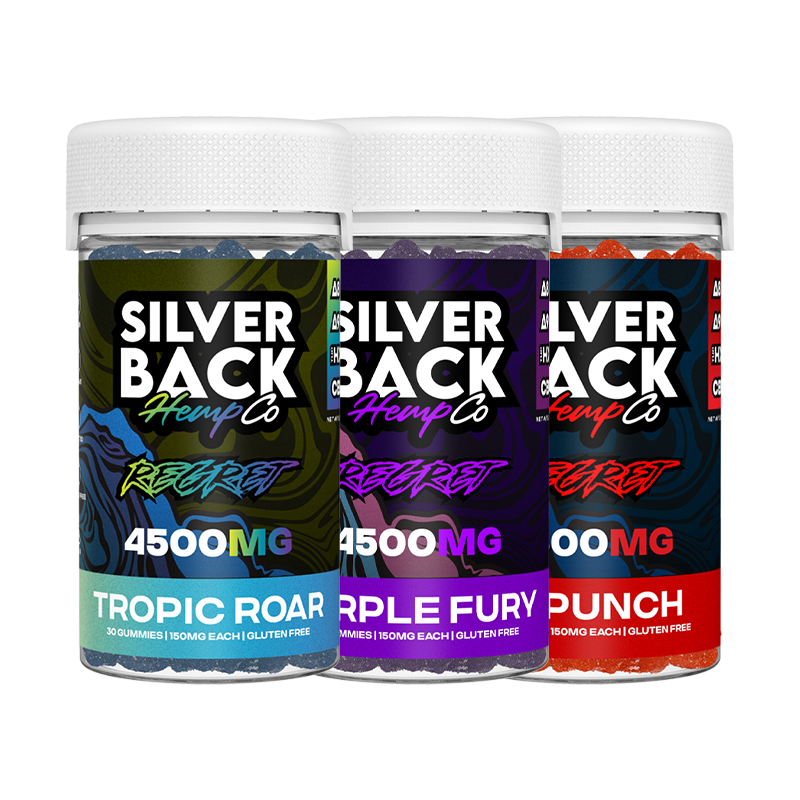 A jar of Silverback Hemp Co. REGRET Gummies in assorted fruit flavors, featuring a high-potency blend of Delta-8, Delta-9, THC-P, THC-H, Hydroxy, and CBD for a powerful experience.