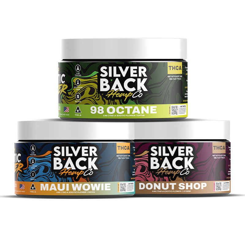 Silverback Hemp Co Exotic Flower – 3.5g of premium THC-A buds, rich in trichomes and bursting with vibrant colors and aromas. High-potency and top-tier quality.