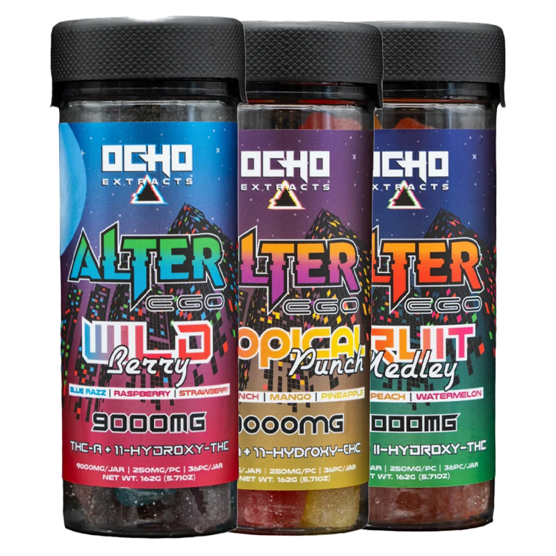Ocho Extracts Alter Ego Gummies, featuring a 9000mg jar of assorted flavors including Tropical Punch, Fruit Medley, and Wild Berry.