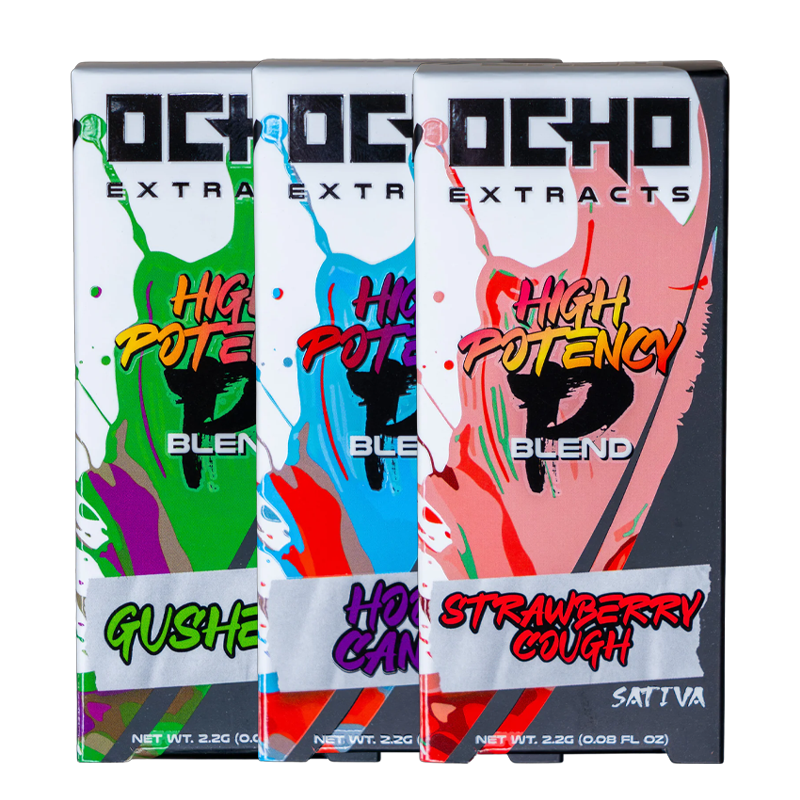 Ocho Extracts High Potency Disposable Collection – 2.2G Delta-8 & THC-P Vapes – A premium lineup of rechargeable, draw-activated disposables in a variety of Indica, Sativa & Hybrid strains.