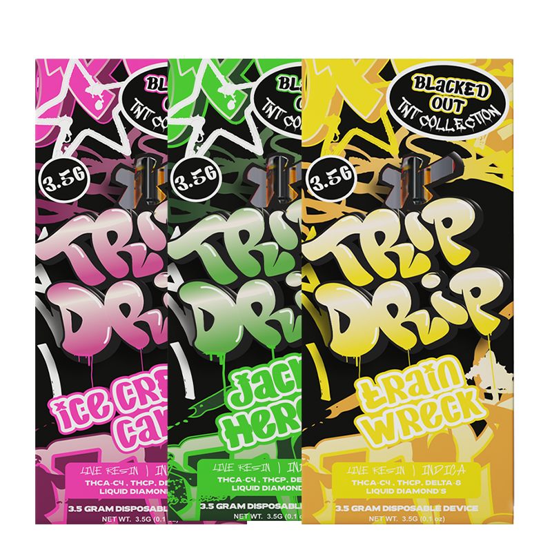 A collection of Trip Drip TNT Blacked Out Disposable Vapes featuring a variety of strains like Amnesia Haze, Jack Herer, Train Wreck, White Walker, and Ice Cream Cake. Each vape is packed with 3.5g of premium THC and a blend of THCA-C4, THC-P, and Delta-8 Liquid Diamonds for a potent, convenient experience.