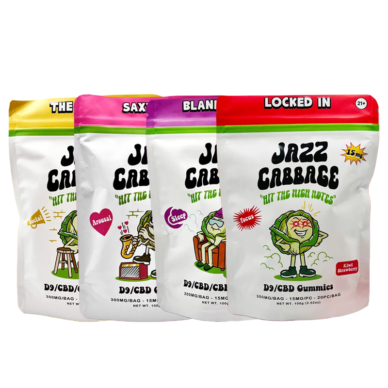 Jazz Cabbage Delta-9 Gummies – 20-count, 300mg per bag. Infused with premium cannabinoid blends for relaxation, creativity, and focus. Delicious and potent edibles.