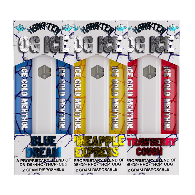 Hang Ten OG Ice Disposable – 2g vape with Delta 8, Delta 9, HHC, THCP & CBG. Menthol-infused for a cool, smooth experience. USB-C rechargeable, sleek design.