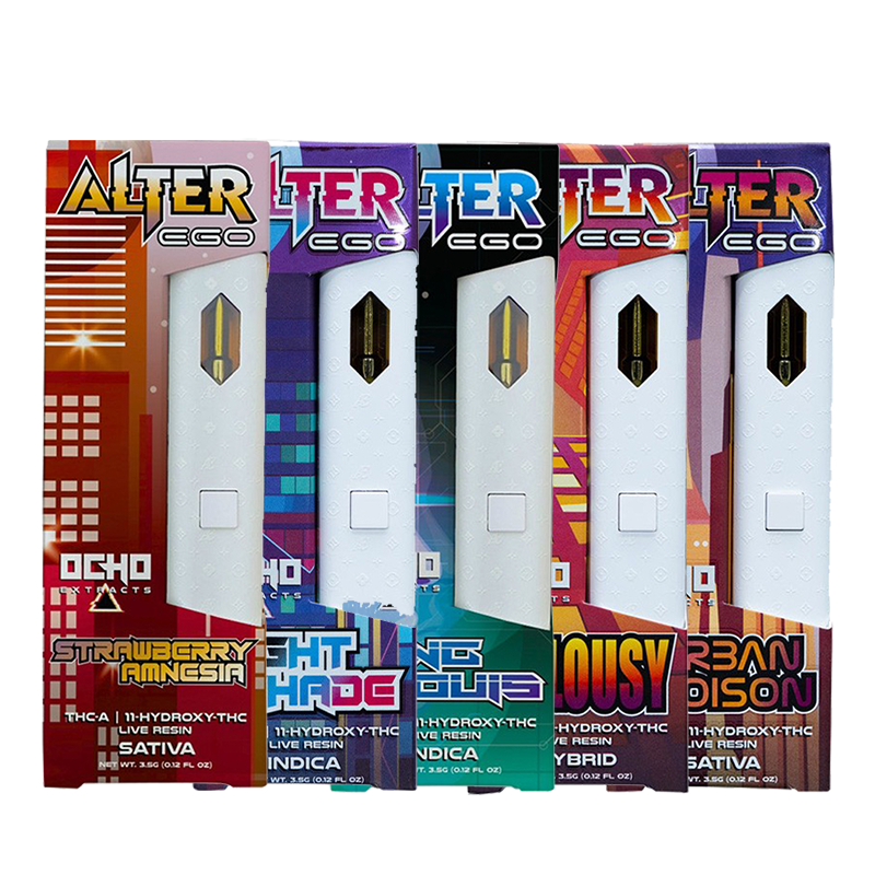 Ocho Extracts Alter Ego Disposable vape pens with a 3500mg capacity, featuring various strains including Night Shade, Durban Poison, Jealousy, and more.