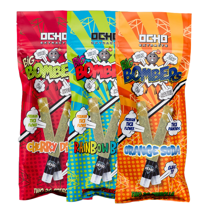 Ocho Extracts 2x2 Big Bombers Collection – 4G THCA Pre-Rolls with CBG Kief – A premium selection of glass-tipped, diamond-infused THCA pre-rolls in Indica, Sativa & Hybrid strains.
