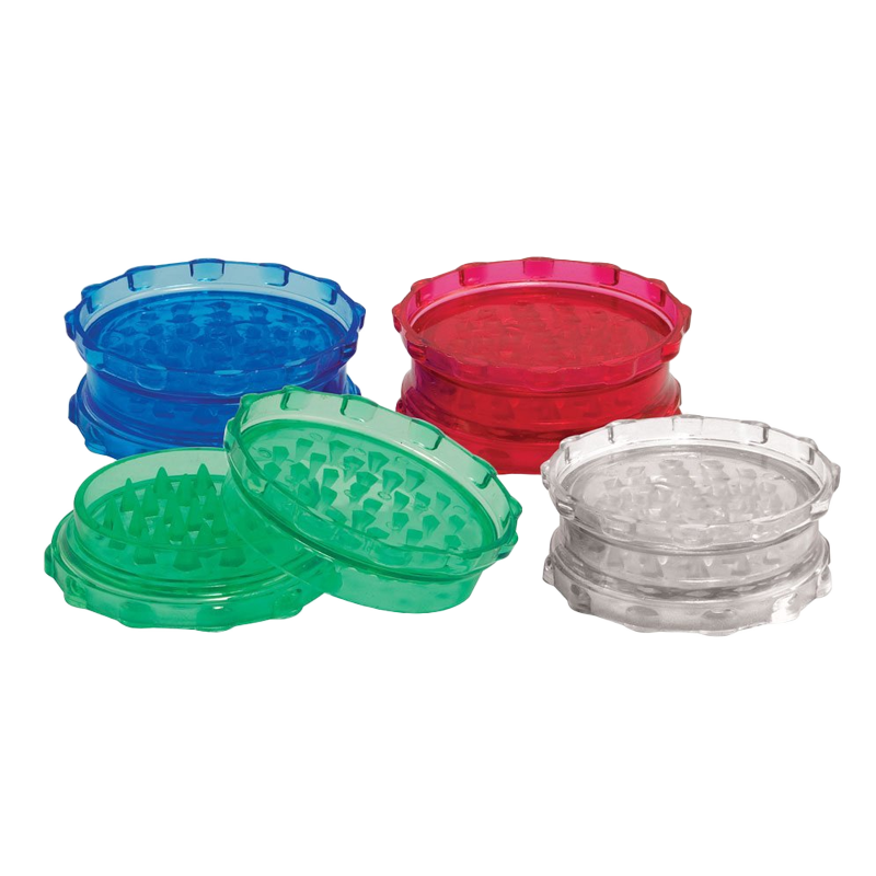 3-inch Acrylic Herb Grinder with sharp teeth, lightweight design, and vibrant color options including black, green, red, clear, and blue for efficient grinding.