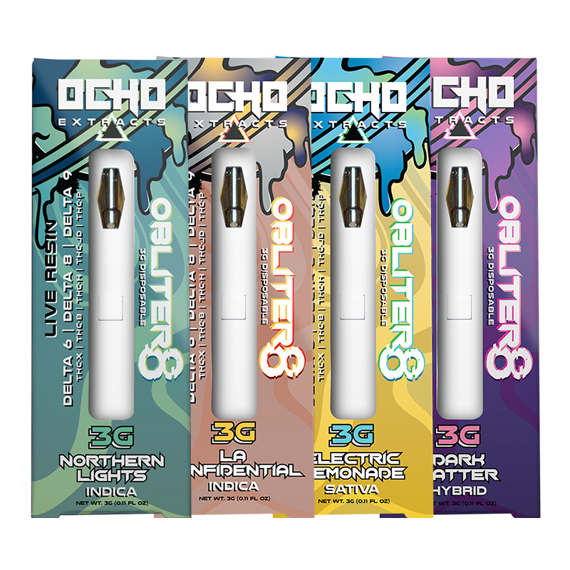 Ocho Extracts Obliter8 3G Disposable featuring a blend of Delta-6, Delta-8, Delta-9, THC-P, THC-X for a powerful, flavorful vaping experience.