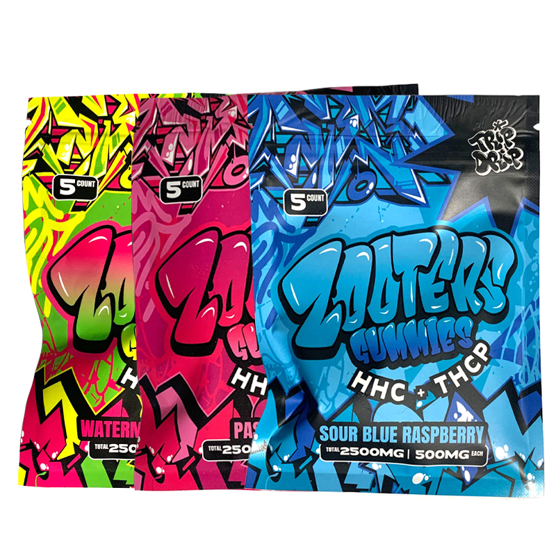 "Trip Drip Zooters HHC + THCP Gummies - 5ct bag with 2500mg total, offering ultra-potent, full-spectrum effects in a variety of bold, fruity flavors."