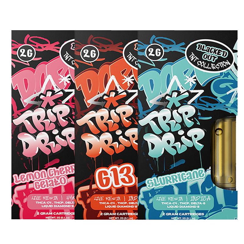 "Trip Drip TNT Blacked Out 2g Vape Cartridge—featuring a premium blend of THCA-C4, THC-P & Delta-8 Liquid Diamonds for smooth, potent hits in various strains."