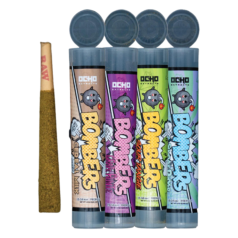 Ocho Extracts Bombers Caviar Pre-Rolls featuring 1.5g of premium THC-A flower, Delta-8, CBD, and CBG, wrapped in THCA diamonds and CBG kief for enhanced potency.