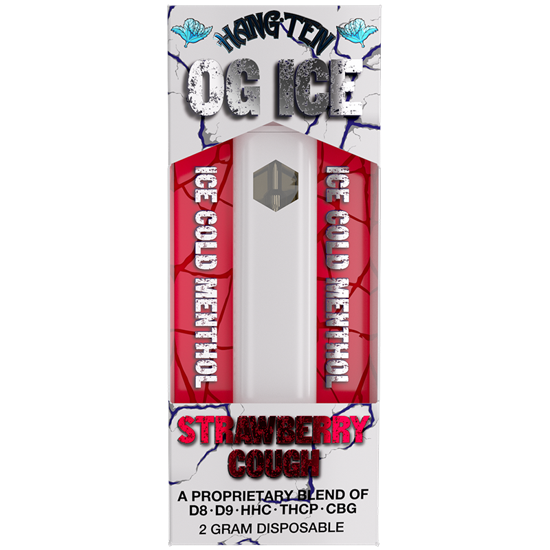 Strawberry Cough (Indica): "Hang Ten OG Ice Disposable – Strawberry Cough, 2g vape. Relaxing Indica strain with sweet berry flavors and a cooling menthol finish.