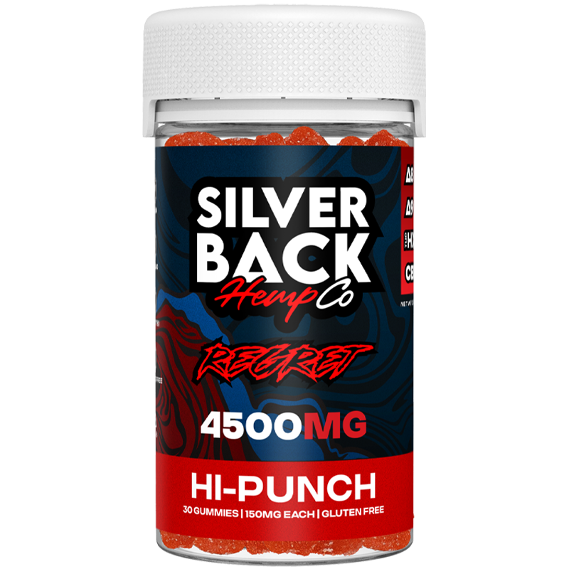 Hi-Punch (Fruit Punch): A jar of Silverback Hemp Co. REGRET Gummies in Hi-Punch flavor, bursting with a bold and juicy fruit punch taste and high-potency cannabinoids.