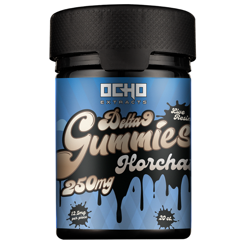 Ocho Extracts Delta-9 Gummies in Horchata flavor, featuring a light cinnamon and creamy milk drink taste for a smooth, flavorful experience.
