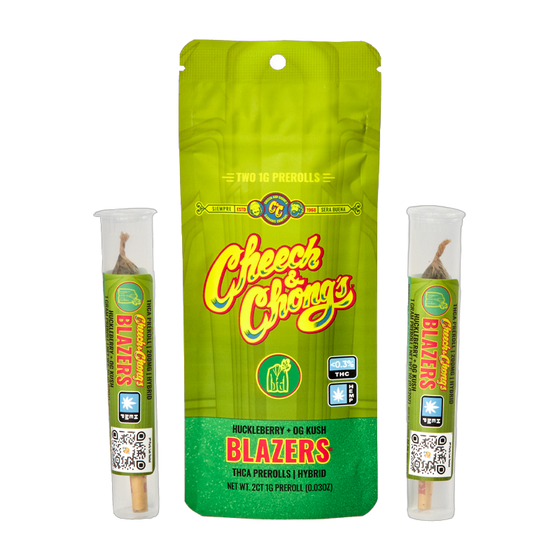 Huckleberry + OG Kush (Hybrid): Cheech & Chong’s Blazers THCA Pre-Roll - Huckleberry + OG Kush hybrid, for a smooth and potent high with premium THCA flower, perfect for all-day enjoyment.