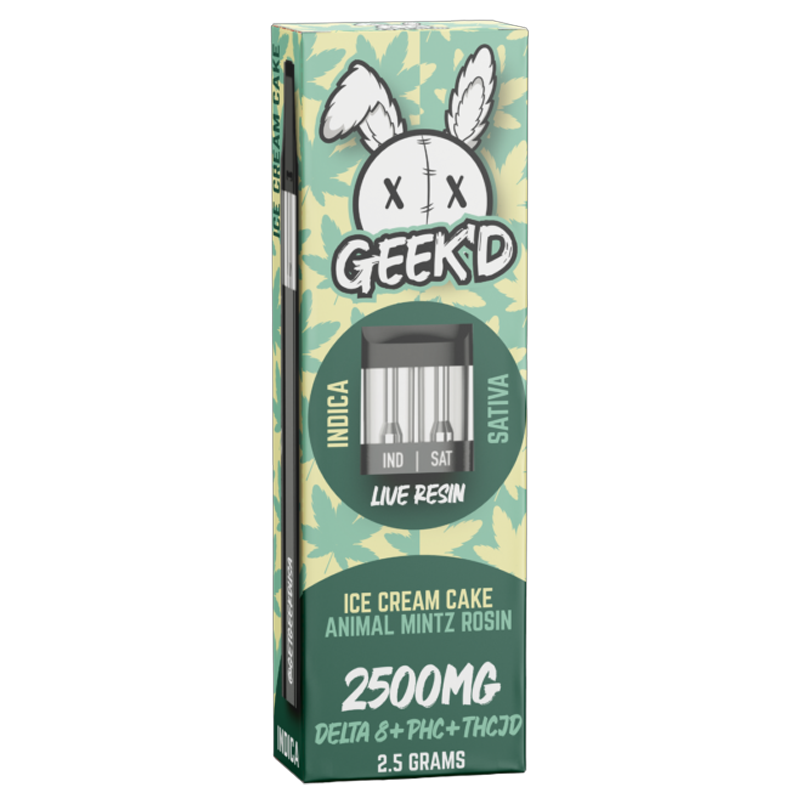 Ice Cream Cake / Animal Mintz Rosin: Geek'd Extracts 2-in-1 Disposable with Ice Cream Cake (Indica) and Animal Mintz (Sativa) Rosin, delivering a sweet, rich, and versatile experience.