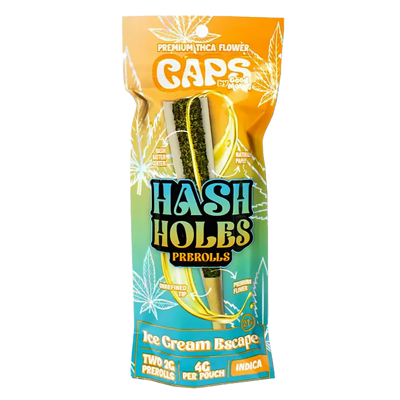 Ice Cream Escape CAPS THCA Hash Hole Pre-Roll – Indica – A creamy vanilla-flavored Indica pre-roll crafted for stress relief and a calming experience.