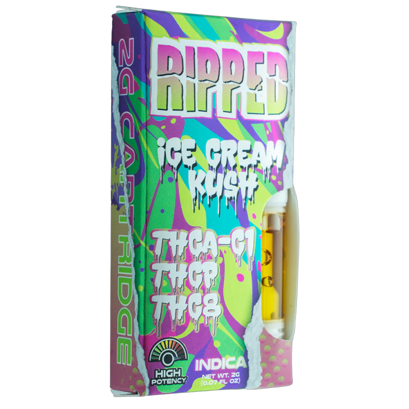 Ice Cream Kush: Ocho Extracts RIPPED 2G Cart, Ice Cream Kush strain, a relaxing blend of THCA-C1, THC-P, and THC-8 for a creamy, flavorful vaping experience.