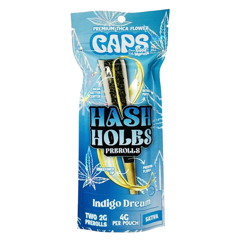 Indigo Dream CAPS THCA Hash Hole Pre-Roll – Sativa – A dreamy, citrus-infused Sativa strain with premium THCA hash batter for enhanced effects.