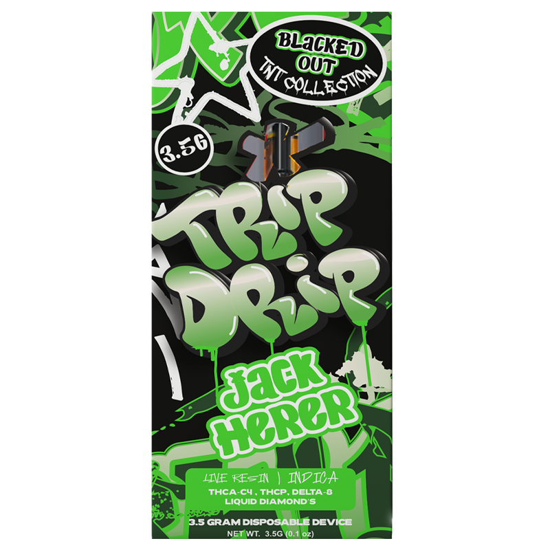 Jack Herer (Sativa): A Trip Drip TNT Blacked Out Disposable Vape in Jack Herer, offering creative, energizing effects with a potent mix of THCA-C4, THC-P, and Delta-8 Liquid Diamonds.