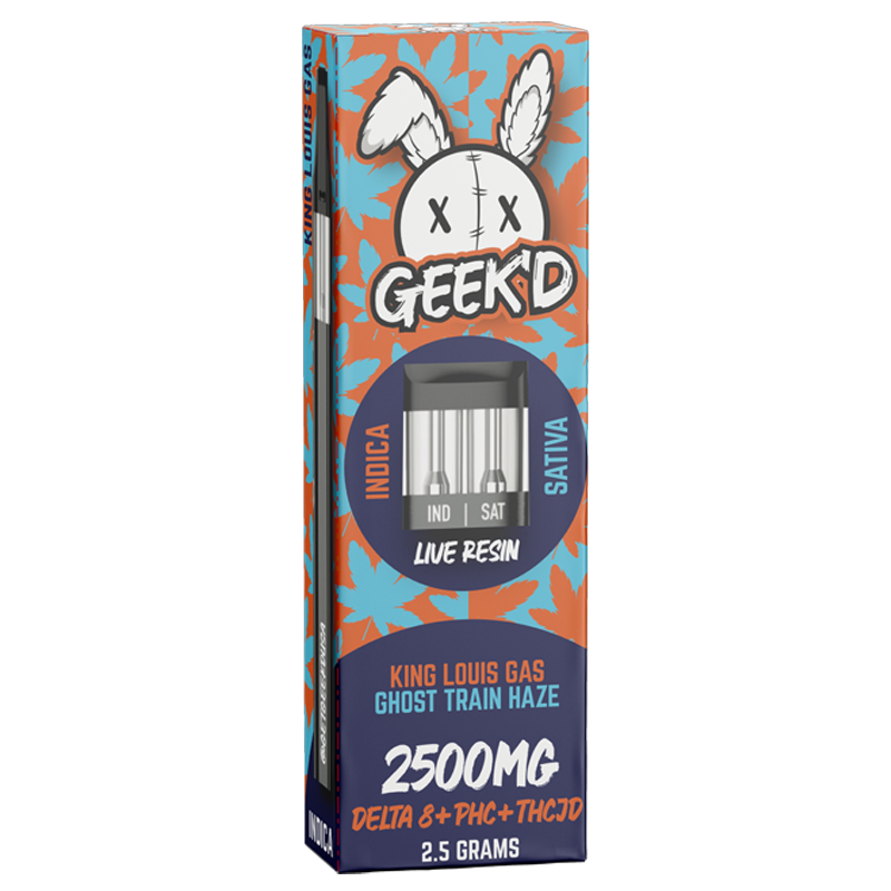 King Louis Gas / Ghost Train Haze: Geek'd Extracts 2-in-1 Disposable with King Louis Gas (Indica) and Ghost Train Haze (Sativa), providing potent, full-bodied effects for any occasion.