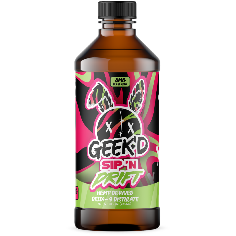 Kiwi Strawberry: Geek'd SIP 'N DRIFT Kiwi Strawberry Delta-9 Distillate, delivering a perfect balance of tangy kiwi and sweet strawberry for a tropical sensation.