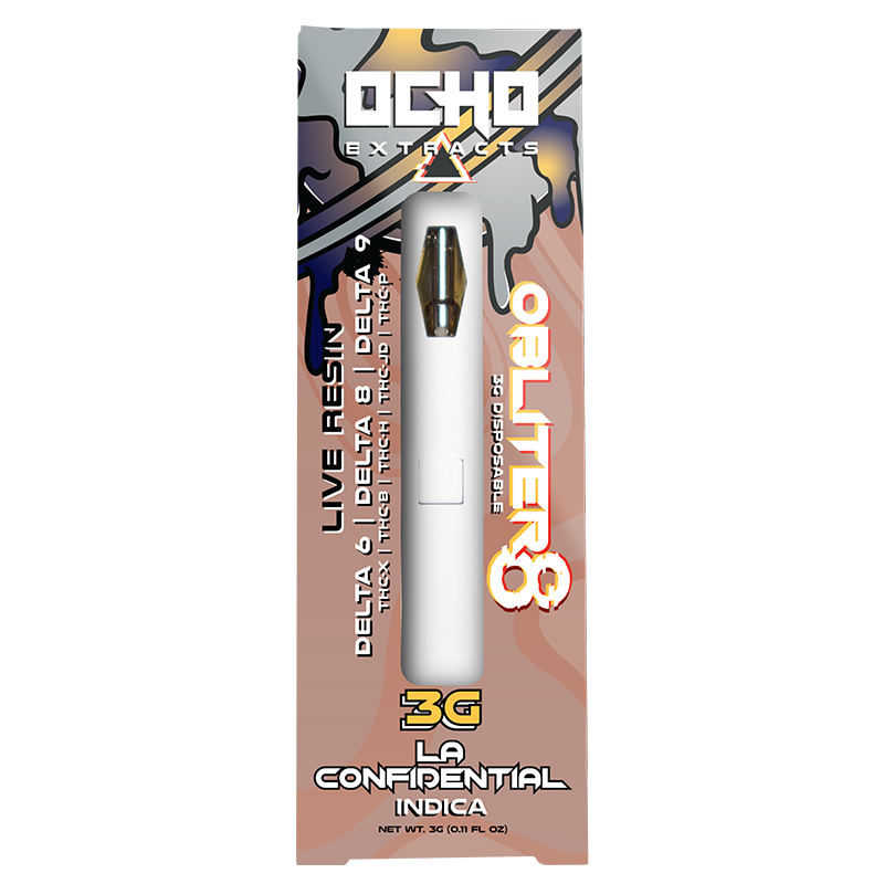 LA Confidential: Ocho Extracts Obliter8 3G Disposable, LA Confidential strain, offering a soothing Indica experience with Delta-6, Delta-8, THC-P, and THC-X for ultimate relaxation.
