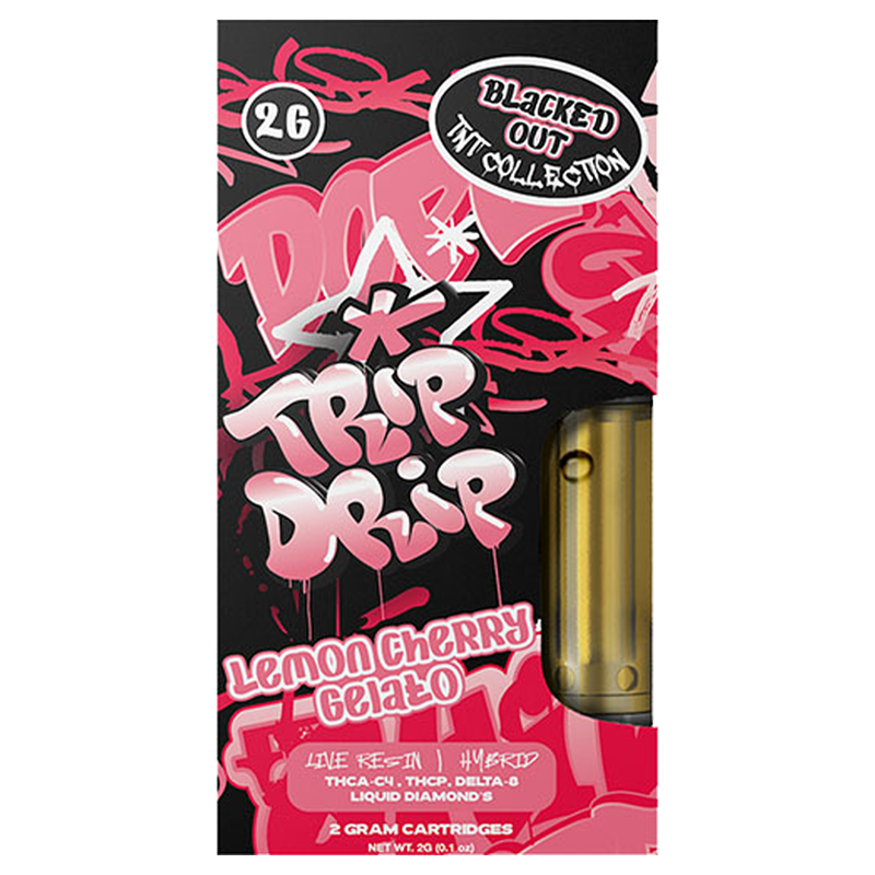 Trip Drip TNT Blacked Out Lemon Cherry Gelato 2g Cart—sweet, citrusy hybrid blend offering a balanced high with THCA-C4, THC-P & Delta-8 infusion.