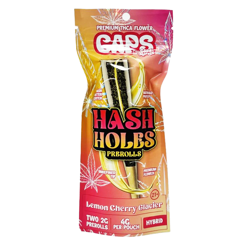 Lemon Cherry Glacier CAPS THCA Hash Hole Pre-Roll – Hybrid – A zesty cherry-citrus Hybrid strain infused with THCA, CBD & CBG for a balanced high.