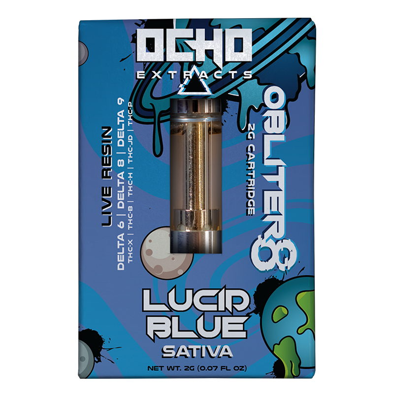 Lucid Blue (Sativa): Ocho Extracts Obliter8 Cartridge, Lucid Blue Sativa strain, offering an energizing and euphoric experience with Delta-6, Delta-8, THC-P, and THC-X for a refreshing vape.