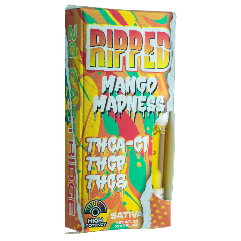 Mango Madness: Ocho Extracts RIPPED 2G Cart, Mango Madness strain, combining tropical mango flavors with the powerful effects of THCA-C1, THC-P, and THC-8 for a refreshing high.
