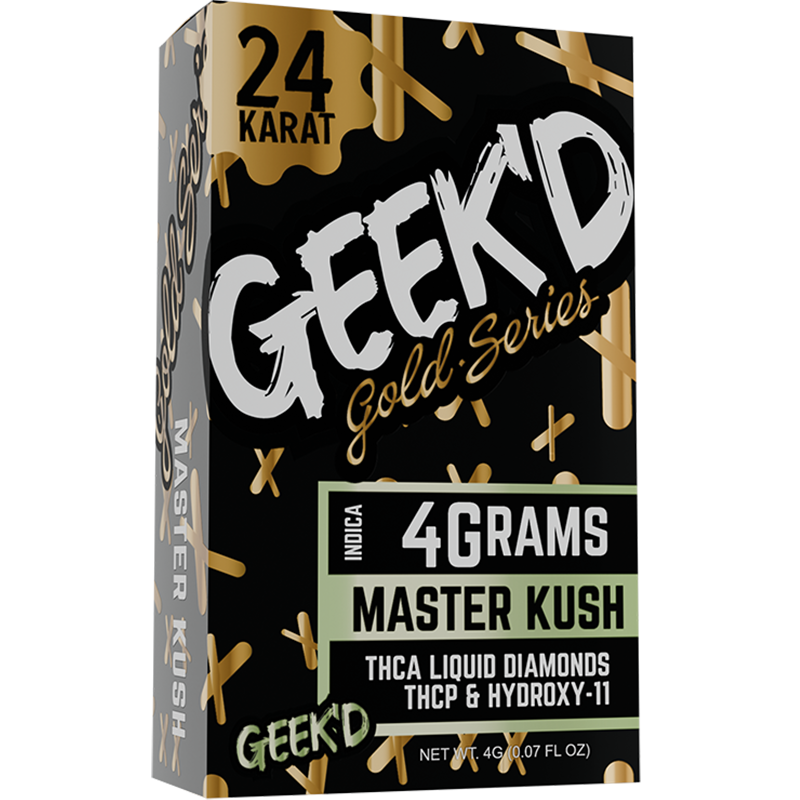 Master Kush (Indica): Geek'd 24K Gold Series Master Kush vape pen, with a rich, earthy flavor profile and calming indica effects perfect for nighttime relaxation.