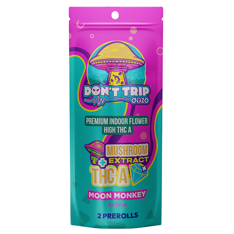 Moon Monkey (Sativa): Dozo Don’t Trip Moon Monkey Pre-roll - 1.5g of premium THCA hemp flower and mushroom extract, delivering an uplifting and mind-expanding experience.