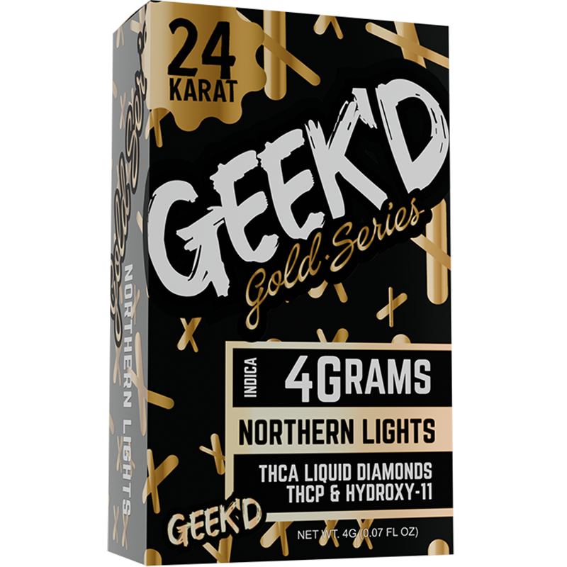 Northern Lights (Indica): Geek'd 24K Gold Series Northern Lights vape pen, offering soothing, piney notes and deep, relaxing effects, perfect for unwinding after a long day.