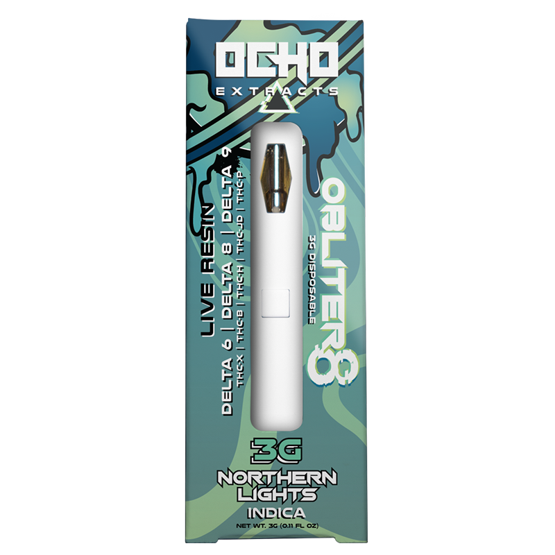 Northern Lights: Ocho Extracts Obliter8 3G Disposable, Northern Lights strain, featuring a calming Indica blend with Delta-6, Delta-8, THC-P, and THC-X cannabinoids for a smooth, restful vape.