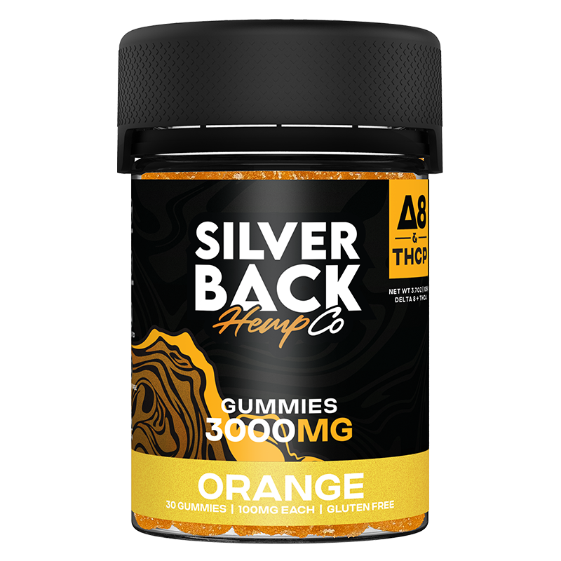 Orange (Delta 8 + THCP): A gummy of Silverback Hemp Co THC-P + Delta 8 in Orange flavor, delivering a zesty citrus taste with 100mg+ Delta 8 + THCP per gummy.