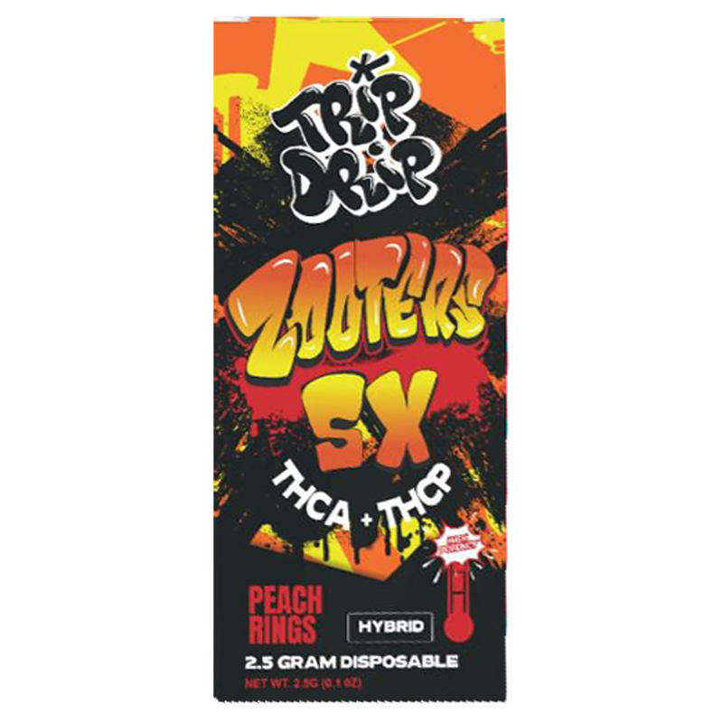 Peach Rings (Hybrid): A Trip Drip Zooters 5x Disposable Vape in Peach Rings, offering a balanced hybrid high with fruity, sweet flavors and premium cannabinoids.