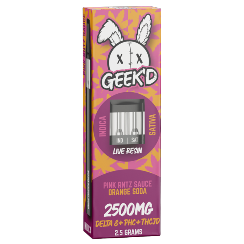 Pink Runtz Sauce / Orange Soda: Geek'd Extracts 2-in-1 Disposable with Pink Runtz (Indica) and Orange Soda (Sativa) Sauce, offering a fruity, flavorful blend with relaxing and uplifting effects.