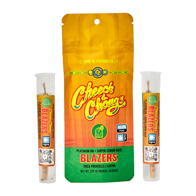 Platinum OG + Super Lemon Haze (Sativa): Cheech & Chong’s Blazers THCA Pre-Roll - Platinum OG + Super Lemon Haze, delivering uplifting and energizing effects with premium THCA flower.