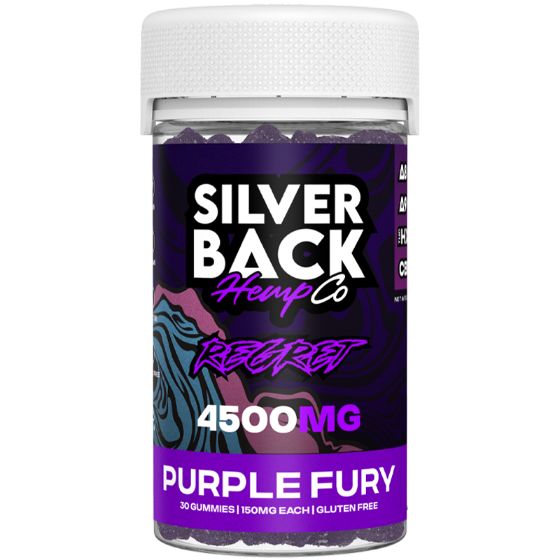 Purple Fury (Mixed Berries): A jar of Silverback Hemp Co. REGRET Gummies in Purple Fury flavor, featuring a rich and tangy mixed berry blend infused with D8, D9, THC-P, and more.