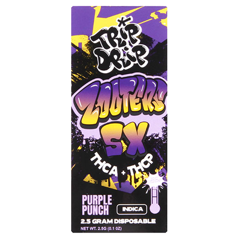 Purple Punch (Indica): A Trip Drip Zooters 5x Disposable Vape in Purple Punch, providing relaxing indica effects with sweet, berry flavor and powerful cannabinoids.