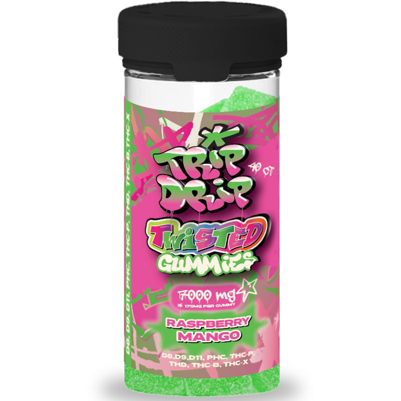 Raspberry Mango: A jar of Trip Drip Twisted Gummies in Raspberry Mango, combining tropical sweetness with a potent cannabinoid mix for a balanced experience.