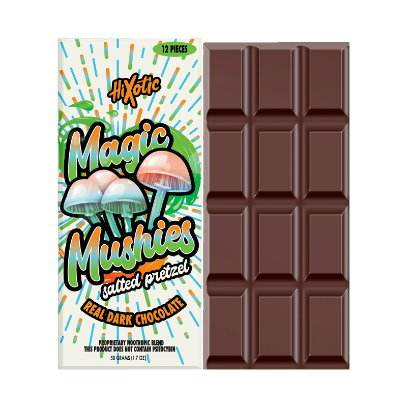 Salted Pretzel: "Hixotic Magic Mushies Chocolate – Salted Pretzel flavor, a sweet and salty nootropic-infused chocolate bar for mood enhancement and clarity