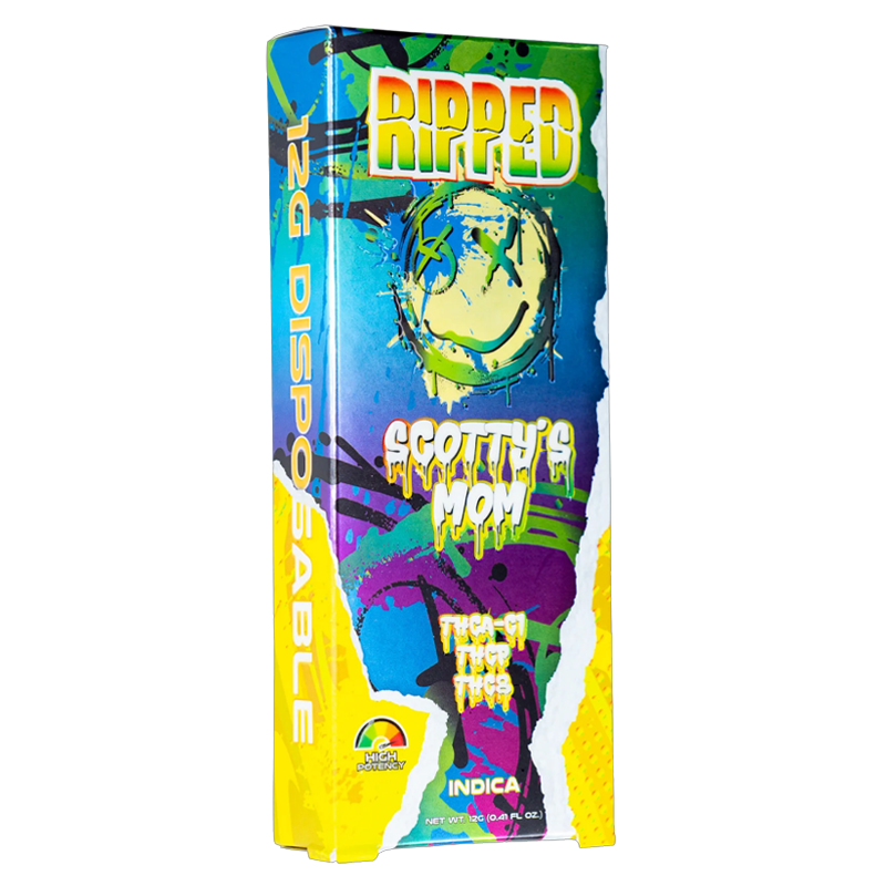 Scotty's Mom: Ocho Extracts RIPPED Disposable 12G, Scotty's Mom strain, featuring THCA-C1, THC-P, and THC-8 cannabinoids for a balanced and relaxing high.