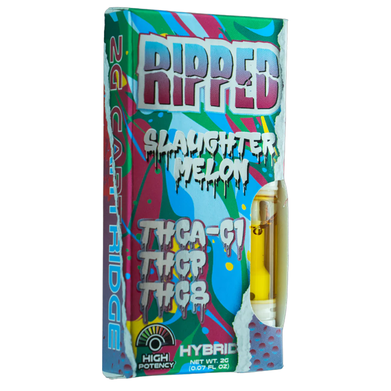 Slaughter Melon: Ocho Extracts RIPPED 2G Cart, Slaughter Melon strain, delivering a fruity and potent experience with THCA-C1, THC-P, and THC-8 cannabinoids.