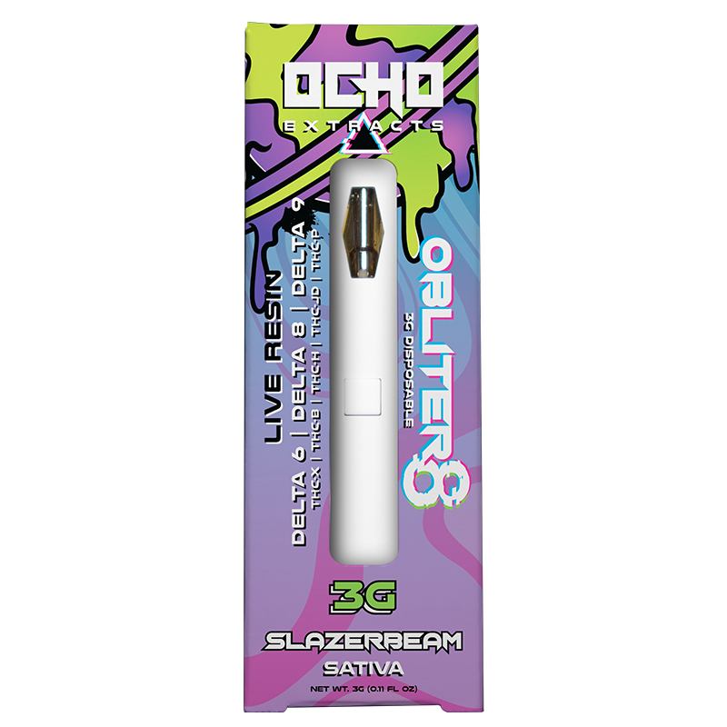 Slazerbeam: Ocho Extracts Obliter8 3G Disposable, Slazerbeam strain, combining Sativa effects with Delta-6, Delta-8, THC-P, and THC-X for a stimulating and flavorful vaping experience.