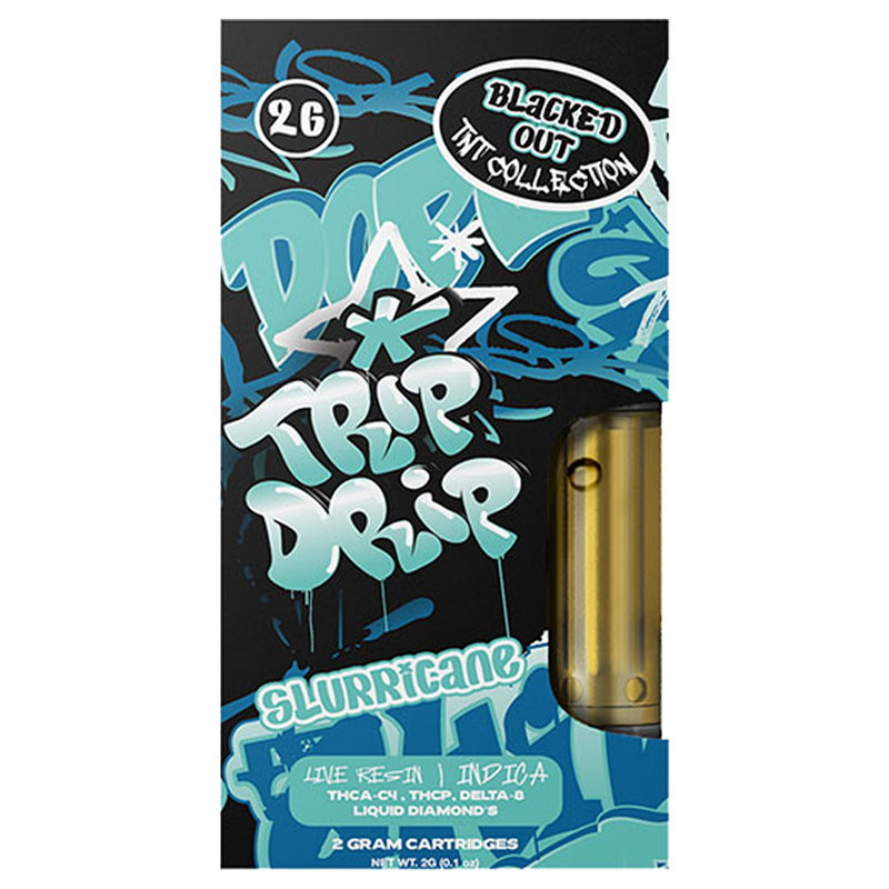 Trip Drip TNT Blacked Out Slurricane 2g Cart—indica strain packed with fruity, spicy notes and a soothing, full-body high from THCA-C4, THC-P & Delta-8.